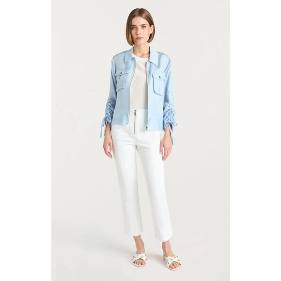 CINQ A SEPT Dale Ruched Sleeve Cupro Blue Satin Jacket - Picture 2 of 9